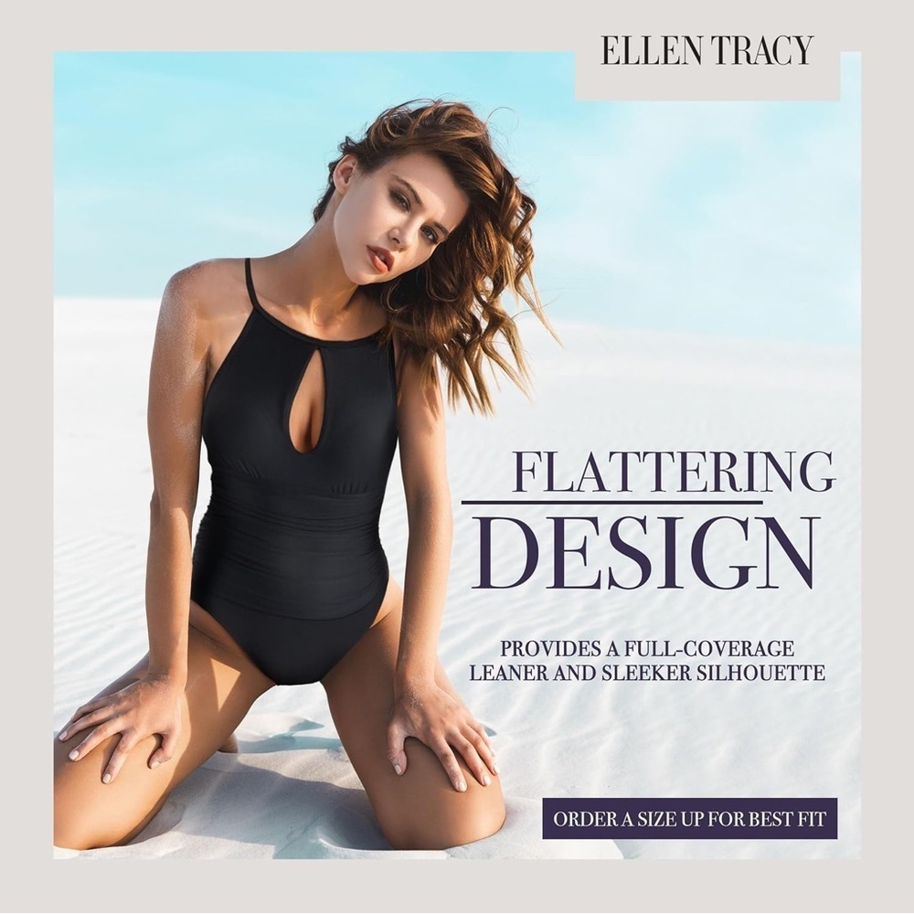 Ellen Tracy High Neck Key Hole One Piece black swimsuit medium 8 slimming sexy​
